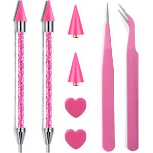 lot 33517 image: Pink Rhinestone Picker Tool Set - 2 Pcs Dual-Head Wax Pens with 2 Wax Tips and 2 Pink Tweezers, Wax Pencil for Rhinestones, Crystal Diamond Pickup Tool for Nail Art, Gem and Crystal Application Kit - Retail $7