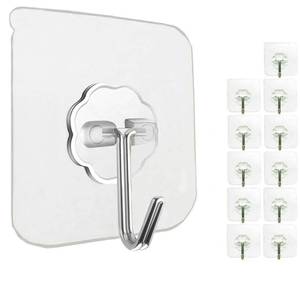 lot 33519 image: Jwxstore 12 Pack Heavy Duty Self Adhesive Hooks - 33lb Max, Transparent, Waterproof, Sticky Wall Hooks for Keys, Bathroom, Shower, Outdoor, Kitchen, Door, Home Improvement, Utility - Retail $10