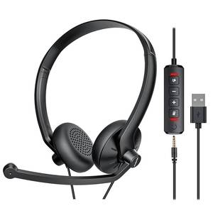 lot 33521 image: FEABASK USB Headset with Microphone for PC Laptop - Wired Computer Headphones with Noise Cancelling Microphone for Home Office Online Class Skype Zoom Meetings,in Line Mute Controls - Retail $20