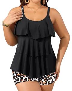 lot 33525 image: Yonique Womens Plus Size Tankini Swimsuits with Shorts Two Piece Bathing Suits Ruffle Swimsuits Tummy Control Swimwear Black Leopard 14W - Retail $42
