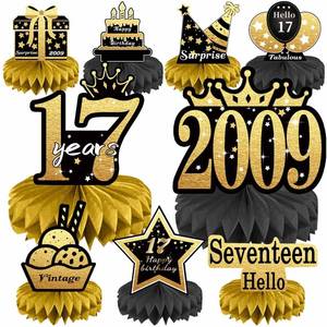 lot 33532 image: 17th Birthday Decorations Set, 2009 Table Toppers for Girls Boys Birthday Party Supplies, Happy 17 Year Old Table Decoration for Daughter Son,  Black & Gold Honeycomb Centerpieces - Retail $10