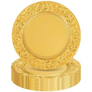 lot 61820 image: Tomeurperf Gold Charger Plates Bulk 10Pcs - 13 Gold Chargers for Dinner Plates, Round Floral Embossed Decorative Charger Plate for Wedding & Event Kitchen Party Decoration - Retail $23