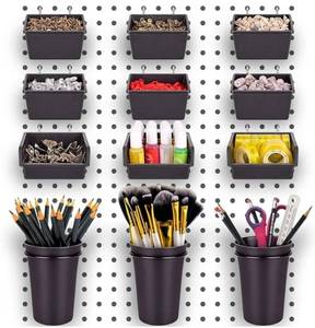 lot 45980 image: 12 Pack Pegboard Bins PegBoard Cups with Hooks & Loops, Peg Board Hooks Assortment Organizer Accessory, Various Tools Storage Arrange System Kit for Garage Craft Workshop Workbench Hobby Office - Retail $20