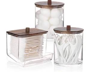 lot 45981 image: Qtips Dispenser Bathroom Container, 1012 oz Big Cotton Ball Holder, Apothecary Jar Organizer for Storage Cotton Swab, Round Pads, Floss Picks (Brown Wood Lids) - Retail $10