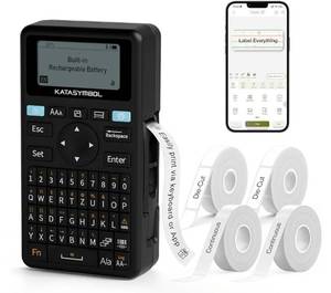 lot 45995 image: E11 Bluetooth Label Maker Machine with 4 Tapes, Support Keyboard & App with 30 Fonts and 660 Icons, Rechargeable Inkless Labeler for Home, Kitchen, Office, School, Organization, Black - Retail $40
