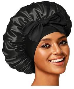 lot 45999 image: Silk Bonnet Satin Bonnet for Sleeping Large Bonnets with Tie Band Hair Wrap with Adjustable Straps Hair Cap for Women Curly Black - Retail $7