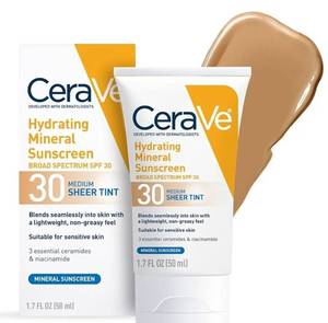 lot 46001 image: CeraVe Hydrating Mineral Sunscreen SPF 30 with Sheer Tint, Tinted Mineral Sunscreen with Zinc Oxide & Titanium Dioxide, Blends Seamlessly For Healthy Glow, Medium, 1.7 Fluid Ounce - Retail $16