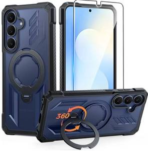 lot 46015 image: Samsung Galaxy S25-FE Case with Magnetic Ring Kickstand Screen Protector Compatible with MagSafe Military-Grade Drop Protection Heavy Duty Full Body Cover Translucent Black - Retail $26
