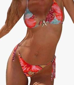 lot 46030 image: Womens 2 Piece Leopard Floral Bikini Sets Halter Triangle String Bathing Suit Starfish Metal Swimsuits, small - Retail $32
