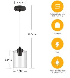 lot 46039 image: Modern Pendant Light Fixtures, Industrial Hanging Ceiling Lamp with Clear Glass Shade, Farmhouse Black Pendant Lighting for Kitchen Island Decor Living Room Hallway Bedroom Dining Hall Bar - Retail $30