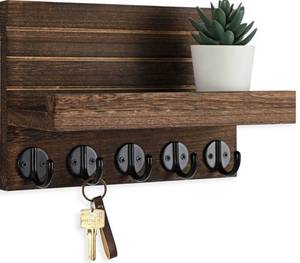 lot 46041 image: Key Holder for Wall, Decorative Key and Mail Holder with Shelf Has Large Key Hooks for Bags, Coats Paulownia Wood Key Hanger with Mounting Hardware (9.8W x 6.7H x 4.2D) (Brown) - Retail $25
