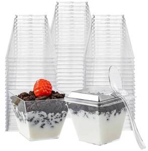 lot 46044 image: 60Pack 4oz Plastic Dessert Cups with Lids and Spoons, Mini Plastic Parfait Cups for Parties, Clear Square Cups for Appetizer Cake Ice-cream - Retail $19