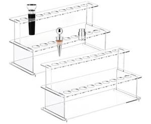 lot 46046 image: 2 Sets Wine Bottle Stopper Display Stairs 18 Slot Clear Acrylic 2 Tier Riser Wine Stopper Holder Wine Stopper Display Stand Rack for Countertop 9.44Lx3.93Wx4.72H - Retail $17