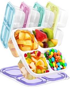 lot 46049 image: 5 Pcs Bento Snack Containers, Reusable 4 Compartment Divided Food Storage Containers, Divided Lunchable Container for School, Work and Travel (All Transparent) - Retail $15
