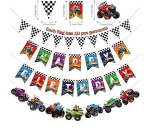 lot 46063 image: 4 Pcs Truck Birthday Banner Cars Monster Truck Themed Garland Black and White Checkered Flags Pennants Green Purple Happy Birthday Bunting Racing Car Theme Party Decorations Supplies - Retail $14