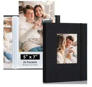 lot 46067 image: 5x7 Photo Album, Slip In Fabric Cover Scrapbook with Front Window, Holds 52 Photos (26 Pockets), for Baby, Wedding, Travel, Black - Retail $7