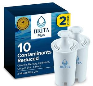 lot 46070 image: Brita Plus Water Filter, BPA-Free, High-Density Replacement Filter for Pitchers and Dispensers, Reduces 2x Contaminants, Lasts Two Months or 40 Gallons, Includes 2 Filters - Retail $17