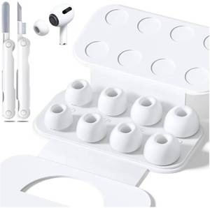 lot 46080 image: 4 Pairs Replacement Ear Tips for AirPods Pro 2nd1st Generation with Portable Storage Box & Cleaner Pen, Noise Reduction Hole with & Built-in dust Guard Screen ,Silicone EarTips(White) - Retail $9