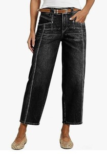 lot 46096 image: Womens High Waist Wide Leg Crop Jeans Stretchy Barrel Leg Baggy Boyfriend Denims Jeans, XL - Retail $33