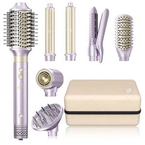 lot 57460 image: Hair Dryer Brush 8-in-1 Dual Voltage Hot Air Styler Fast-Drying 110,000 RPM Ionic Blow Dryer with Straightener & Curler Attachments, Frizz-Free Volumizing Styler with Protective Hard Case - Retail $150