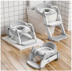 lot 57462 image: Snugzy Potty Training Seat Toddler 3-in-1 Foldable Potty Training Toilet with Step Stool Adjustable Potty Chair. SEAT HAS A CRACK. - Retail $34