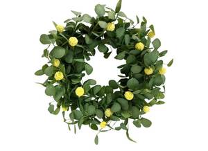 lot 57469 image: 24 Inch Artificial Eucalyptus Wreaths with Golden Hammer Flower for Front Door Outside Wreath for Spring Summer All Season Greenery Wreath for Porch,Window,Holiday Hanging Decor - Retail $19
