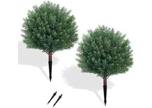 lot 57471 image: Set of 2 Artificial Cypress Topiary Ball Trees - 24 Fake Outdoor Pine Bushes with Ground Spike, Indoor Realistic Faux Plants for Home Garden Front Porch - Retail $60