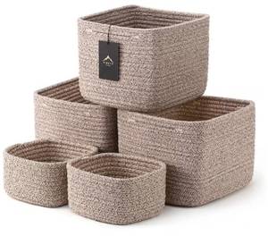 lot 57478 image: 5-Pack Storage Cubes Woven Rope Baskets - 2 Sizes Organizer Bins for Closet, Shelf, Bookshelf, Nursery, Changing Table, Cube Storage Bins, Storage Baskets for Bathroom Toy & Home - Retail $24