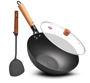 lot 57481 image: Carbon Steel Wok Pan - 12.6 Inch Flat Bottom Iron Wok, Woks & Stir-Fry Pans, Carbon Steel Pan for Induction Cookware and Gas Stoves. VISIBLE USE. - Retail $49