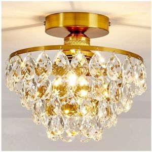 lot 57487 image: Modern E26 Small Crystal Chandelier Semi Flush Mount Ceiling Light Fixture Gold Ceiling Lamp for Hallway Bedroom Bathroom Closet Bedroom Foyer - Retail $50