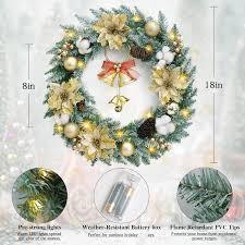 lot 20495 image: Veryhome Christmas Wreath with Lights, Christmas Reef for Front Door Window,18 Christmas Door Wreath with Pinecones Bells and Gold Poinsettias, Winter Wreath for Indoor Outdoor Christmas Decorations