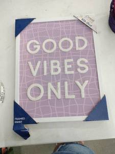 lot 20571 image: Good Vibes Only Purple Grid Pattern Framed Wall Art Print