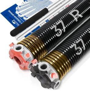lot 8775 image: Pair of 2 Garage Door Torsion Springs Set with Non-Slip Winding Bars & Gloves, High Precision Electrophoresis Oil-Free Black Coated for Replacement, MIN 16,000 Cycles (0.250x 2 x 37)