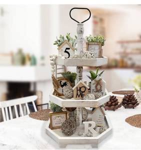lot 8786 image: MRPAPA 3 Tiered Tray Stand - Large Farmhouse Kitchen Decor with Easy Assembly, 3 Tier Rustic Decorative Trays, Wood Cupcake Stand,Versatile 3-Tiered Organizer for Home Decor