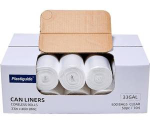 lot 8794 image: 33 Gallon Clear Trash Can Liners, 33 x 40, 500 Count, High Density Garbage Bags for Home, Outdoor, Recycling, Commercial, and Industrial Use