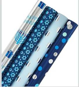 lot 8797 image: The Dreidel Company 4-Pack Hanukkah Theme Gift Wrap Design, Chanukah Roll 17.5 X 180 (15 Ft.) Inch Sheet Chanukah Wrapping Paper