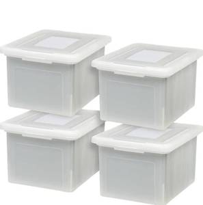 lot 8799 image: IRIS USA File Box with Lid, File Storage Box for Letter Size Documents, Portable Plastic File Box, Stackable Nestable Organizer, 35 Qt, 4 Pack, Pearl