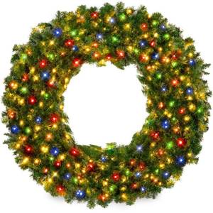 lot 8804 image: 36 in. Artificial Pre-Lit Fir Artificial Christmas Wreath with 150 Multicolored Lights and 300 Tips