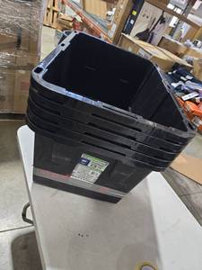 lot 8814 image: Set of 5 Greenmade 27 Gallon Utility Totes -1 Cracked Tub wBlack Lids