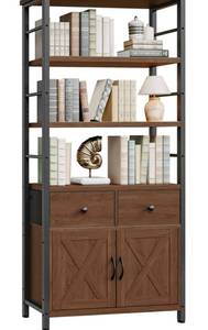 lot 8823 image: HOOBRO Bookshelf with Doors, Rustic Bookshelf with Drawers, Industrial Display Standing Shelf Units, Wooden and Metal Storage Shelf for Living Room, Home Office, Dining Room, Walnut and Black BH75SJ01