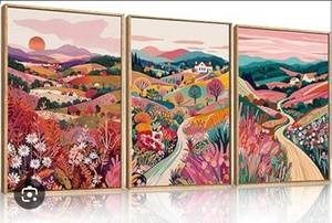 lot 8872 image: HLNIUC Boho Colorful Wall Art, Floral Mountain Framed Decor(24x36), Abstract Wildflower Nature 3 Piece Canvas Painting, Botanical Sunset Forest Art Print for Living Room, Bedroom, Office