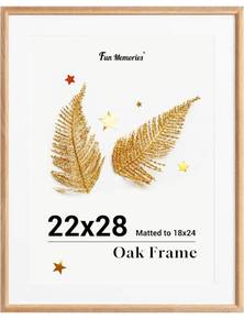 lot 8874 image: Fun Memories 22x28 Poster Frame, Solid Oak Wood 22x28 Frame Matted to 18x24, Poster Frame for Wall Display, 22x28 Wood Frame with Wall Hook Included (Beige, 1 Pack)