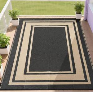 lot 8920 image: Outdoor Rugs 8x10 Waterproof for Patios Clearance,Plastic Straw Mats for Backyard,Porch,Deck,Balcony,Reversible,Black and Beige