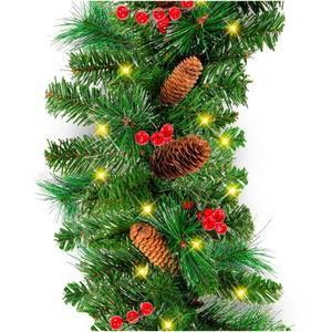lot 5886 image: Best Choice Products 9ft Pre-Lit Pre-Decorated Garland w PVC Branch Tips  50 Lights  Pine Cones  Berries - Unflocked