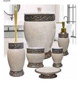 lot 5920 image: 6 Pieces Bathroom Accessories Set Including Trash Can, Cup, Toothbrush Holders, Soap Dishes, Soap Dispenser and Toilet Brush, Home Decoration, Retro Style