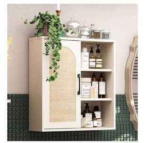lot 5924 image: RUSTOWN Boho Rattan Wall Cabinet, Midcentury Bathroom Cabinet with Sliding Door, Adjustable Shelves, Over The Toilet Storage Cabinet (Vintage White)