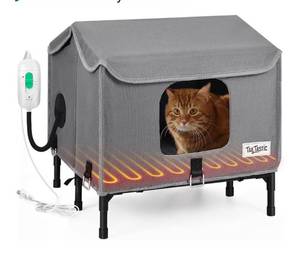 lot 5925 image: Tailtastic Heated Outdoor Cat House,Weather-Resistant Insulated Cat Shelter with Elevated Stand,Winter-Ready for Stray Cats, No Assembly Needed,17x15x13 (Grey)