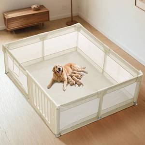lot 8824 image: Dog Playpen with Door, Whelping BoxPotty Training for Dogs, 71x59x24 Inch Spacious Safe Play Area, Non-Slip Design Dog Pen Indoor, Beige