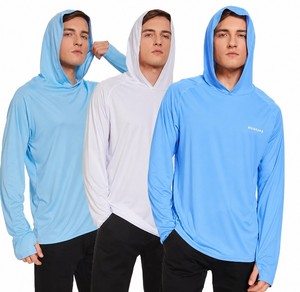 lot 6869 image: 3 Pack HUAKANG UPF 50 Fishing Shirts for Men Long Sleeve UV Sun Protection Hoodie with MaskNon-Mask Outdoor Hiking Shirts Teal, White and Blue XL