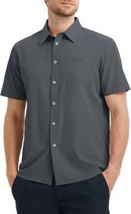 lot 6891 image: Mens Short Sleeve Button Down Shirts Classic Regular Fit Summer Beach Shirt with Pocket Size Medium Dark Grey